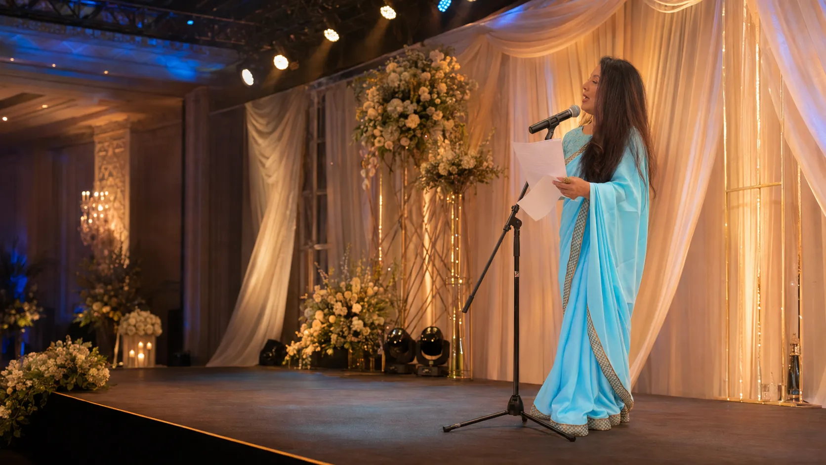 Maria Ahmed hosting from a grand stage at the microphone, surrounded by golden drapes and flowers